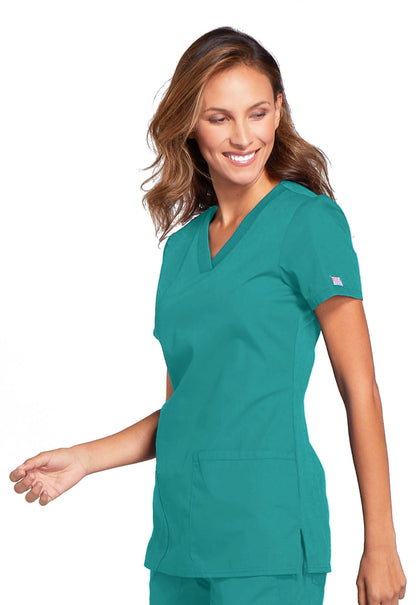 Originals WW645 V-Neck Top Teal Blue Model Image Right Side | Cherokee Workwear