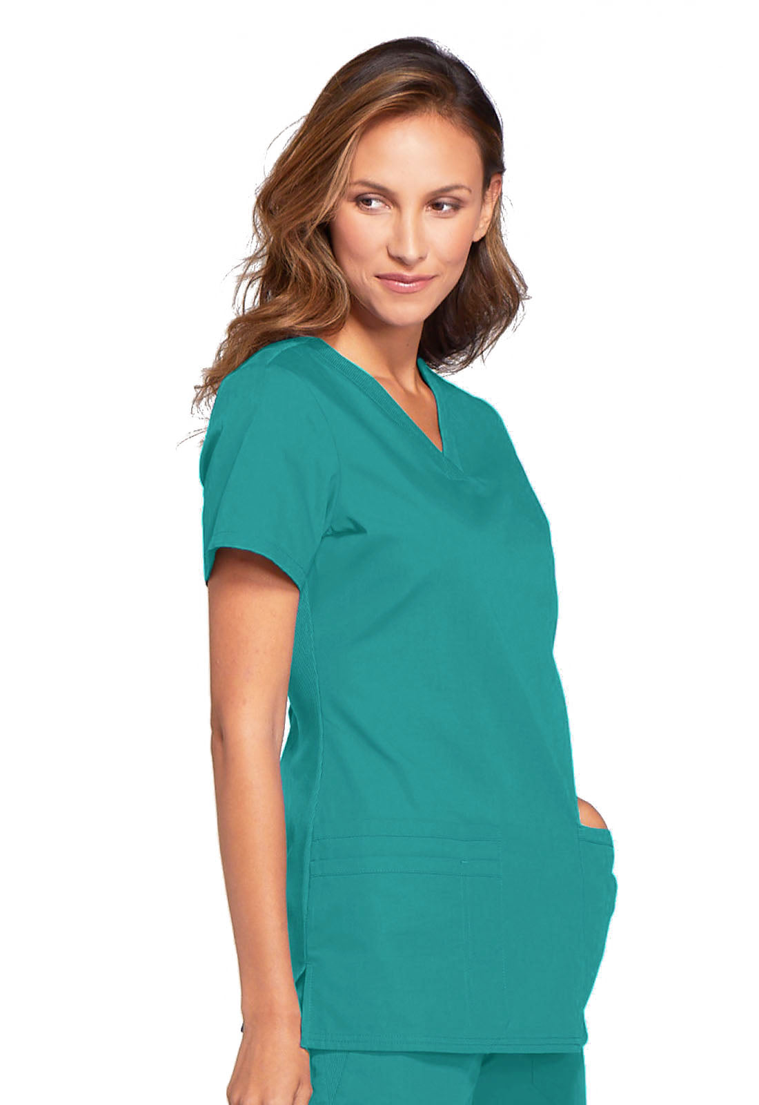 Originals WW645 V-Neck Top Teal Blue Model Image Left Side | Cherokee Workwear