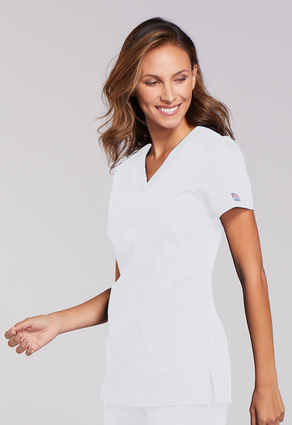 Originals WW645 V-Neck Top White Model Image Right Side | Cherokee Workwear