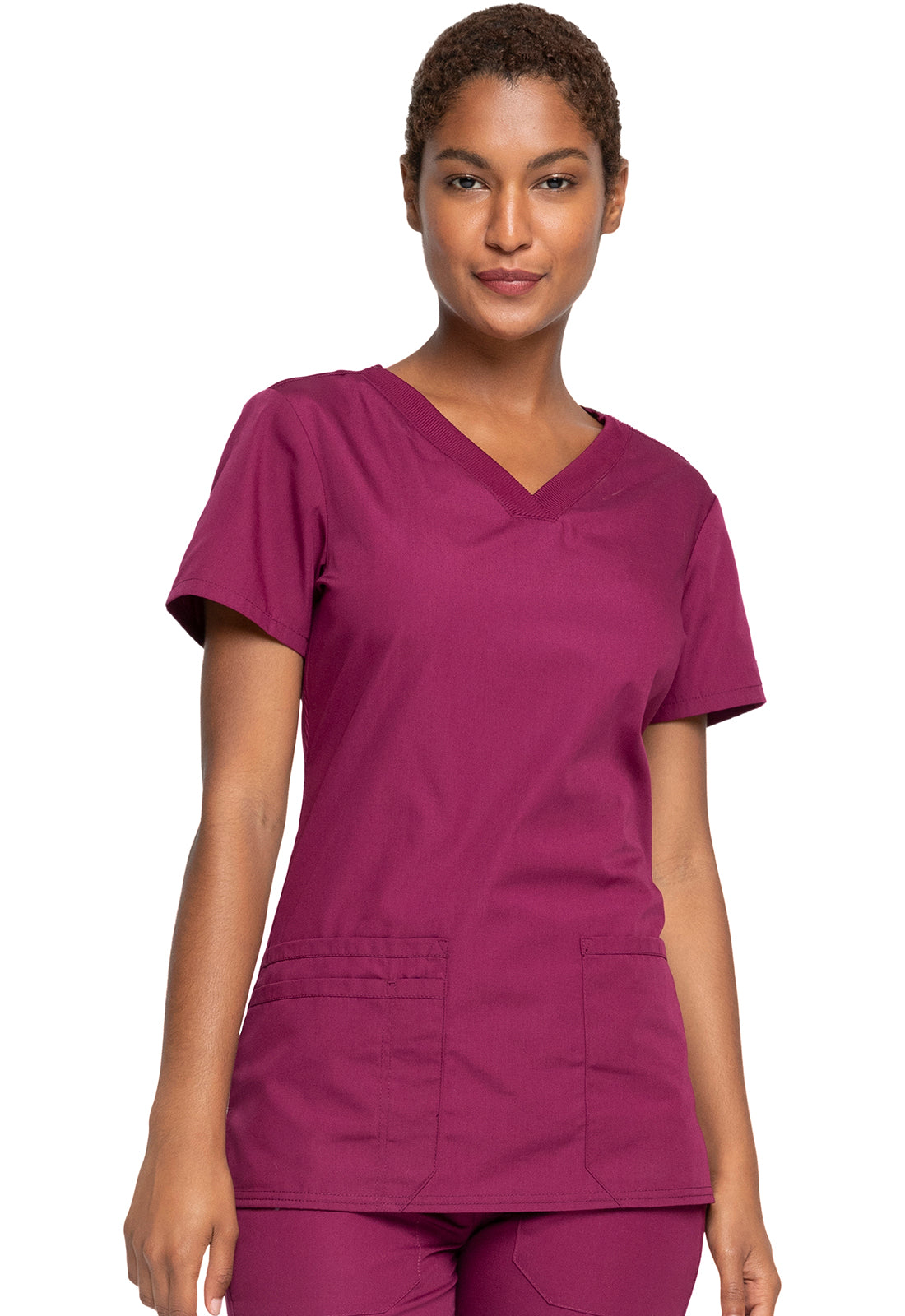 Originals WW645 V-Neck Top Wine Model Image Front | Cherokee Workwear