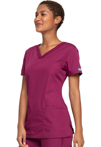 Originals WW645 V-Neck Top Wine Model Image Right Side | Cherokee Workwear