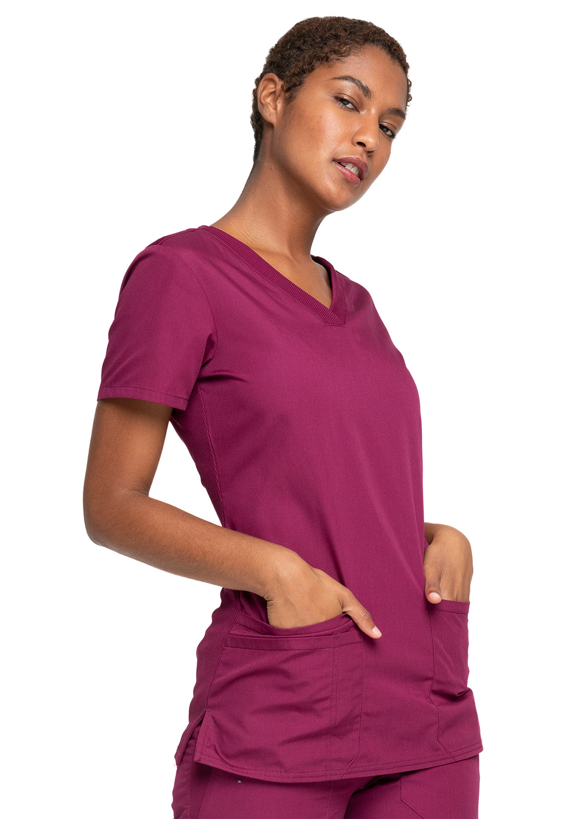 Originals WW645 V-Neck Top Wine Model Image Left Side | Cherokee Workwear