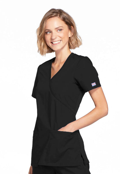 Originals WW650 Mock Wrap Top Black Model Image Right Side | Cherokee Workwear