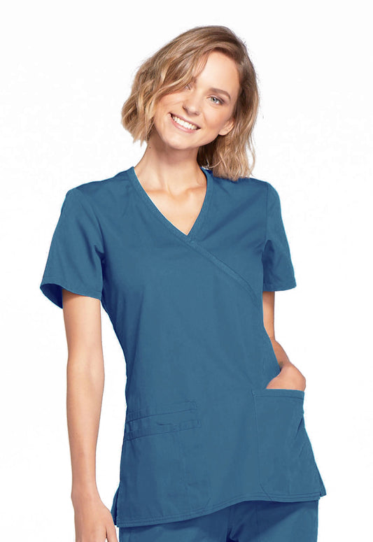 Originals WW650 Mock Wrap Top Caribbean Blue Model Image Front | Cherokee Workwear