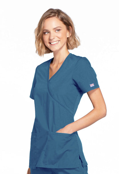 Originals WW650 Mock Wrap Top Caribbean Blue Model Image Right Side | Cherokee Workwear