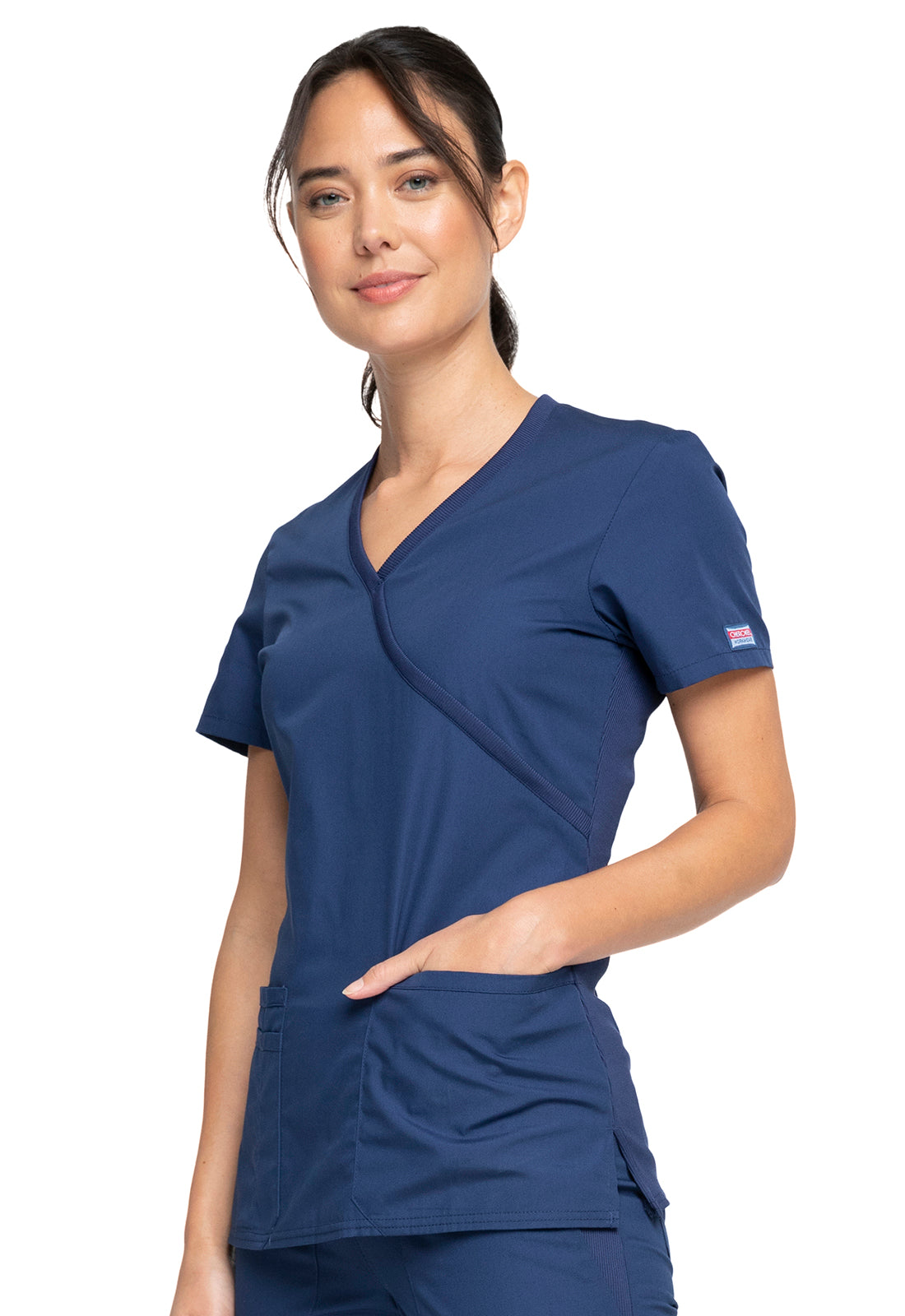 Originals WW650 Mock Wrap Top Navy Model Image Right Side | Cherokee Workwear