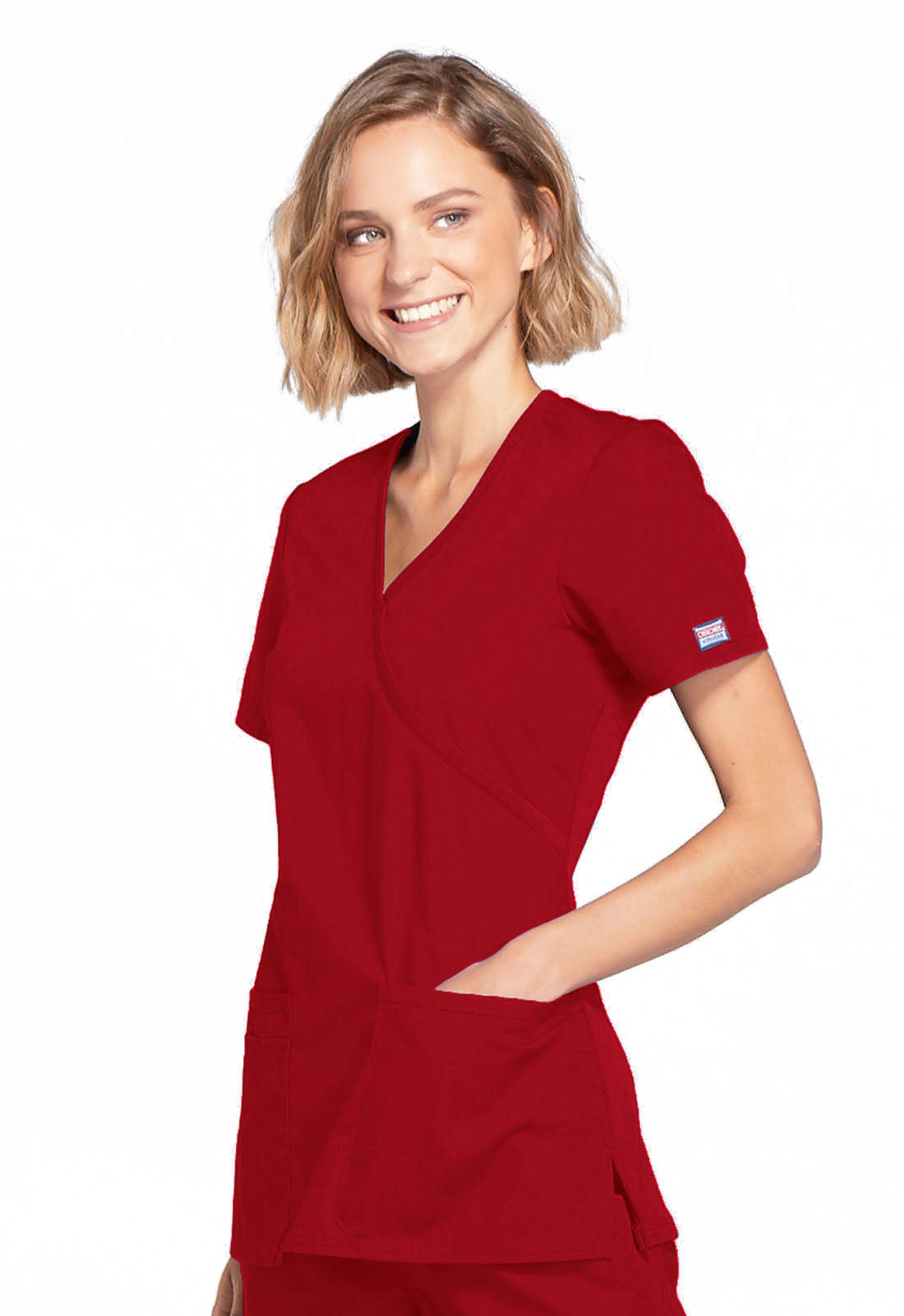 Originals WW650 Mock Wrap Top Red Model Image Right Side | Cherokee Workwear