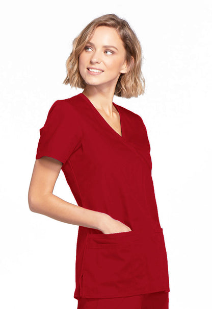 Originals WW650 Mock Wrap Top Red Model Image Left Side | Cherokee Workwear