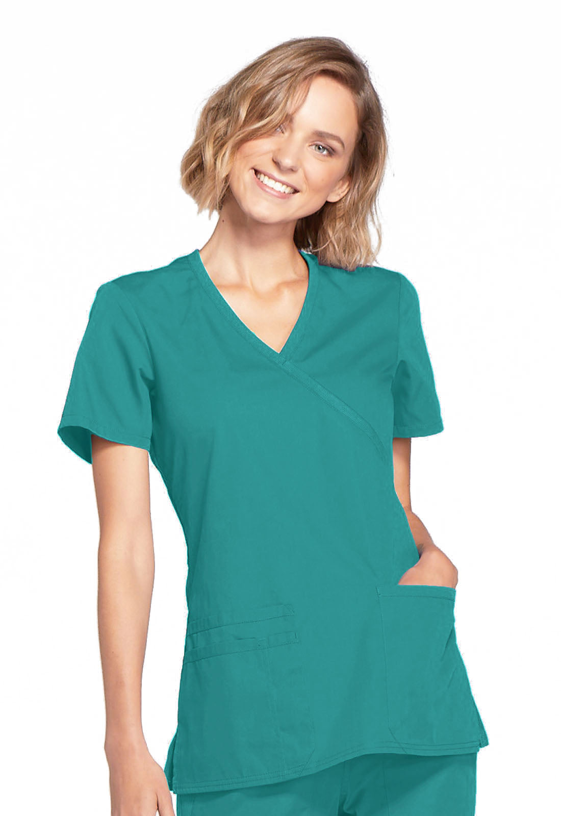 Originals WW650 Mock Wrap Top Teal Blue Model Image Front | Cherokee Workwear