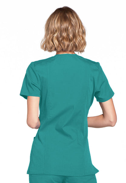 Originals WW650 Mock Wrap Top Teal Blue Model Image Back | Cherokee Workwear