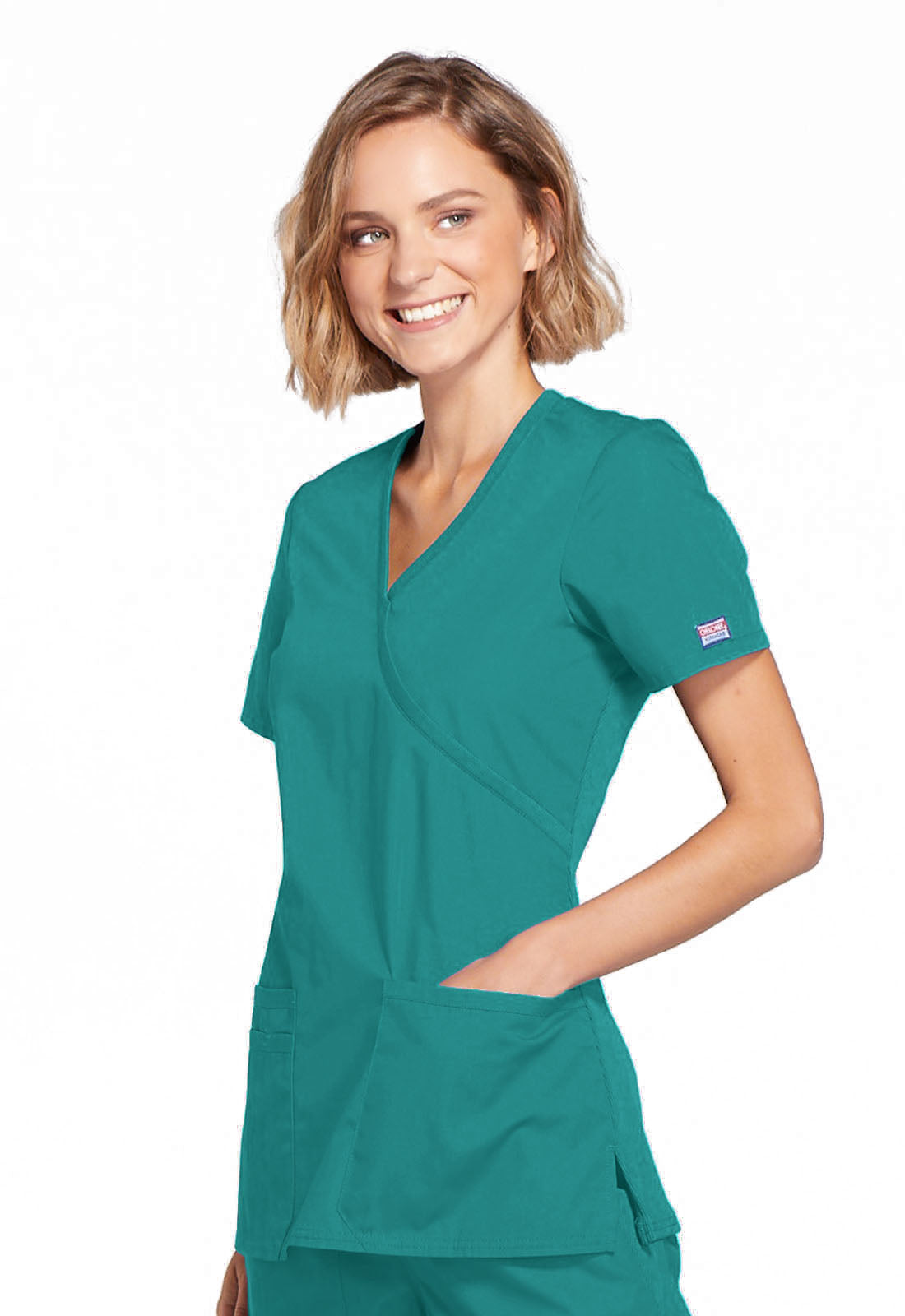 Originals WW650 Mock Wrap Top Teal Blue Model Image Right Side | Cherokee Workwear