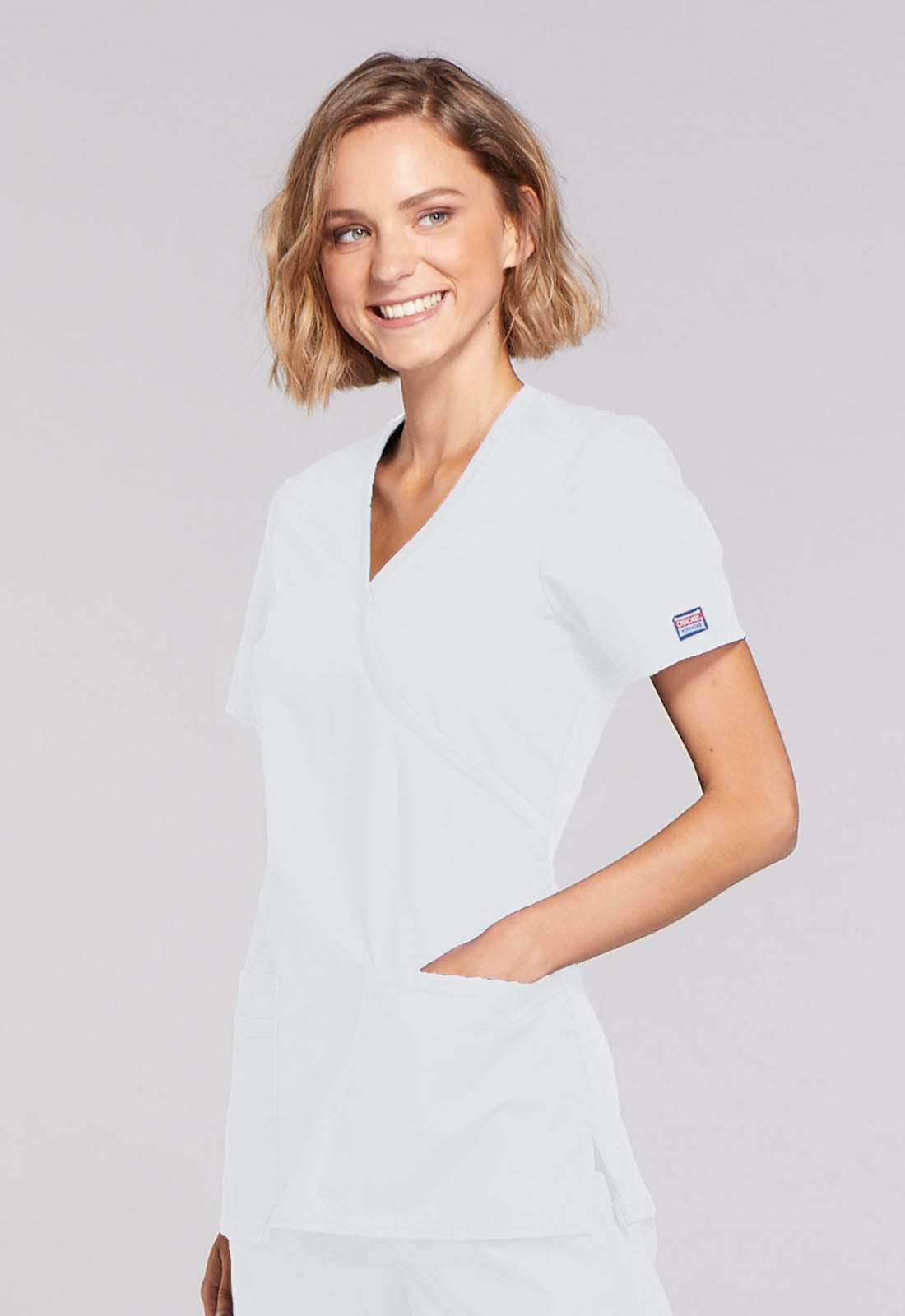 Originals WW650 Mock Wrap Top White Model Image Right Side | Cherokee Workwear