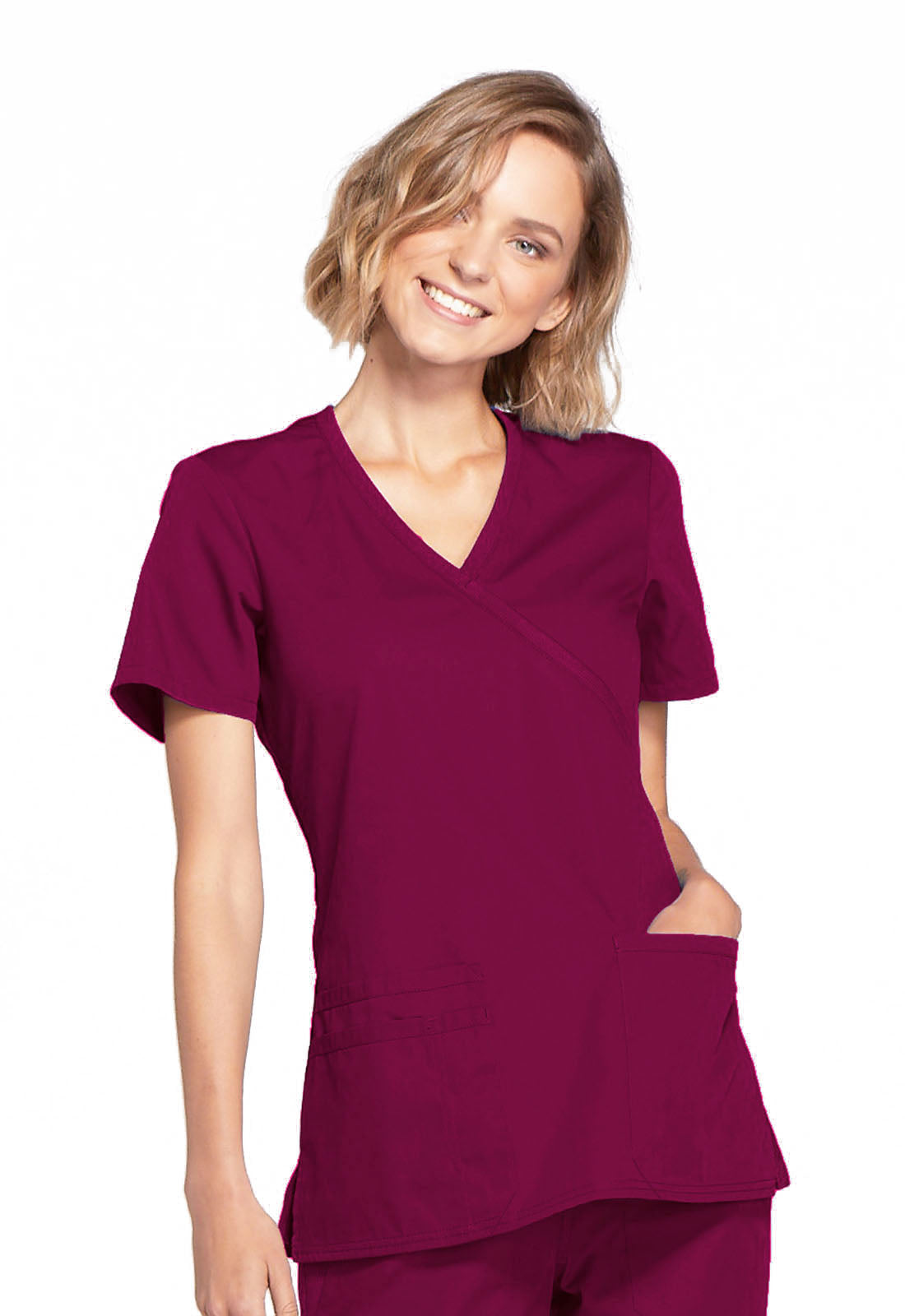 Originals WW650 Mock Wrap Top Wine Model Image Front | Cherokee Workwear