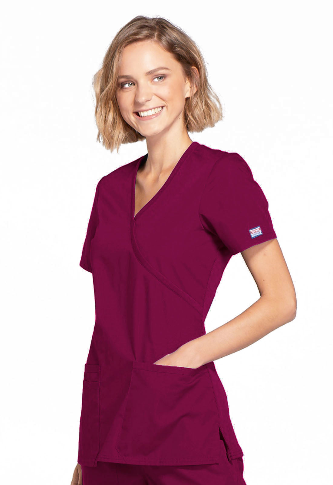 Originals WW650 Mock Wrap Top Wine Model Image Right Side | Cherokee Workwear