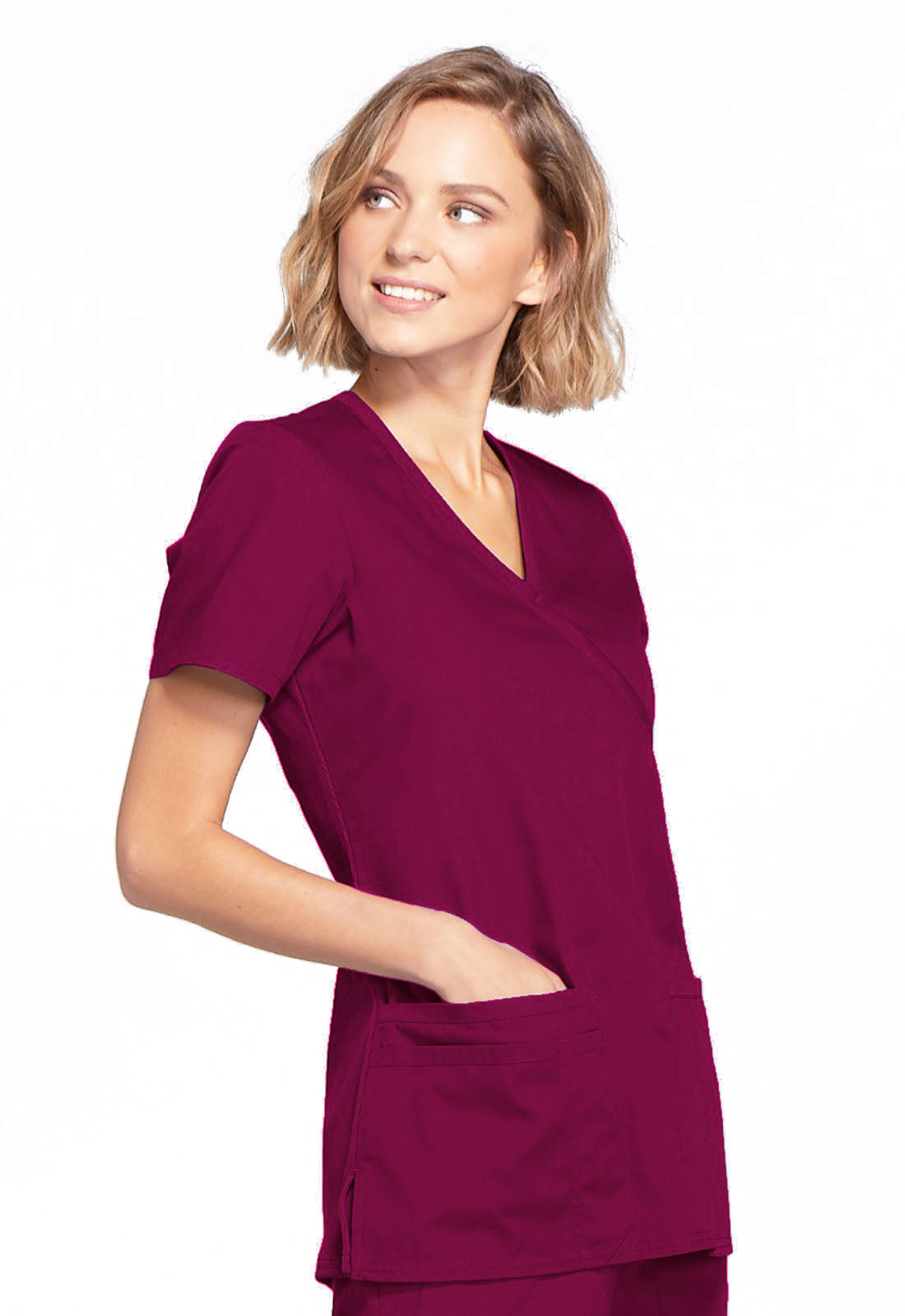 Originals WW650 Mock Wrap Top Wine Model Image Left Side | Cherokee Workwear