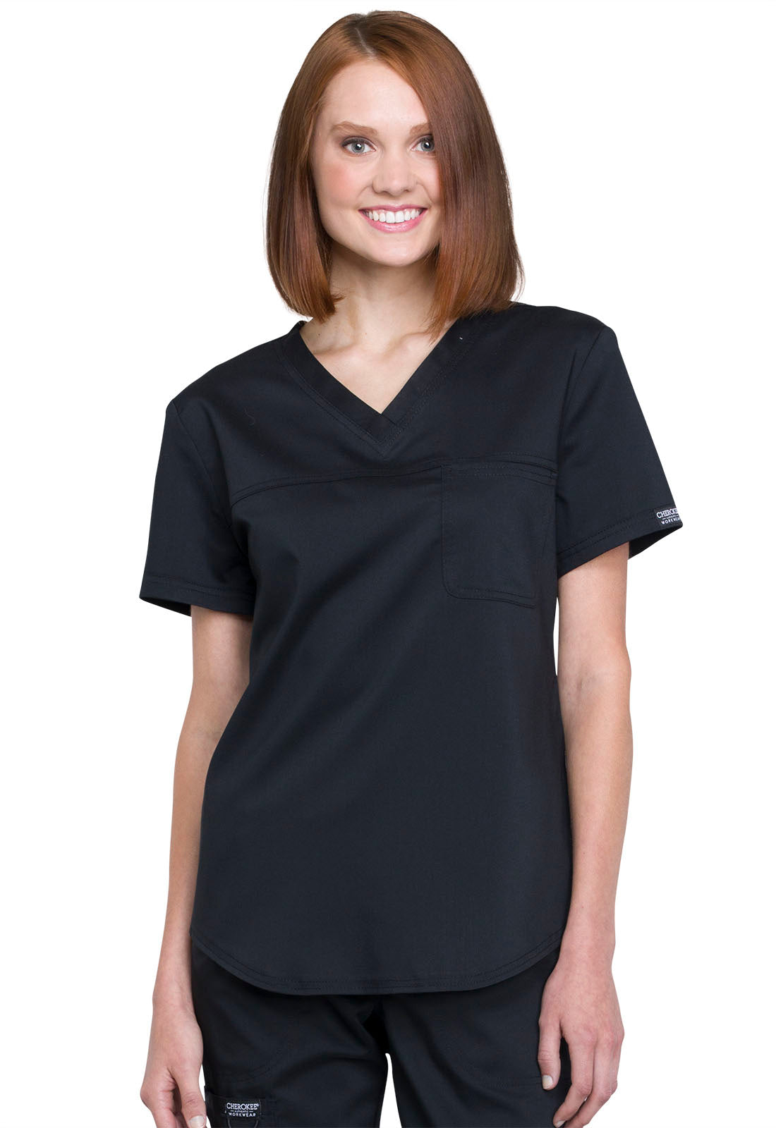 Revolution WW657 Tuckable V-Neck O.R. Top Black Model Image Front | Cherokee Workwear