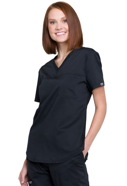 Revolution WW657 Tuckable V-Neck O.R. Top Black Model Image Right Side | Cherokee Workwear