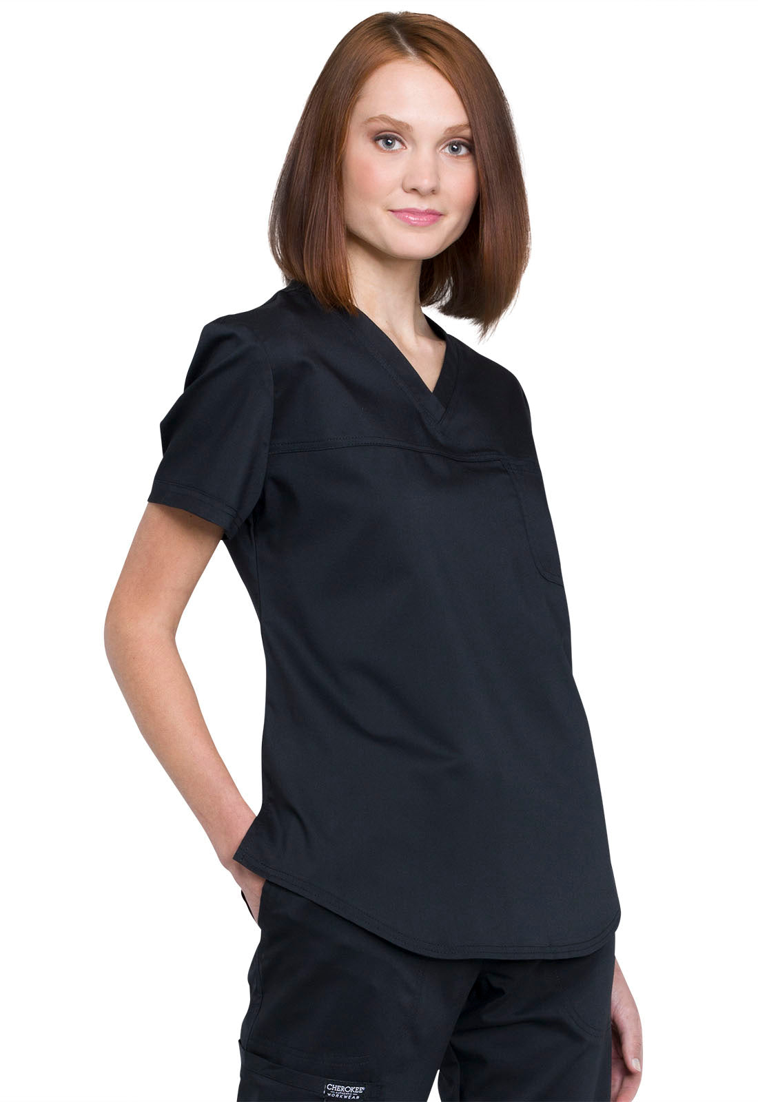 Revolution WW657 Tuckable V-Neck O.R. Top Black Model Image Left Side | Cherokee Workwear