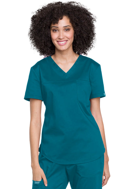 Revolution WW657 Tuckable V-Neck O.R. Top Caribbean Blue Model Image Front | Cherokee Workwear