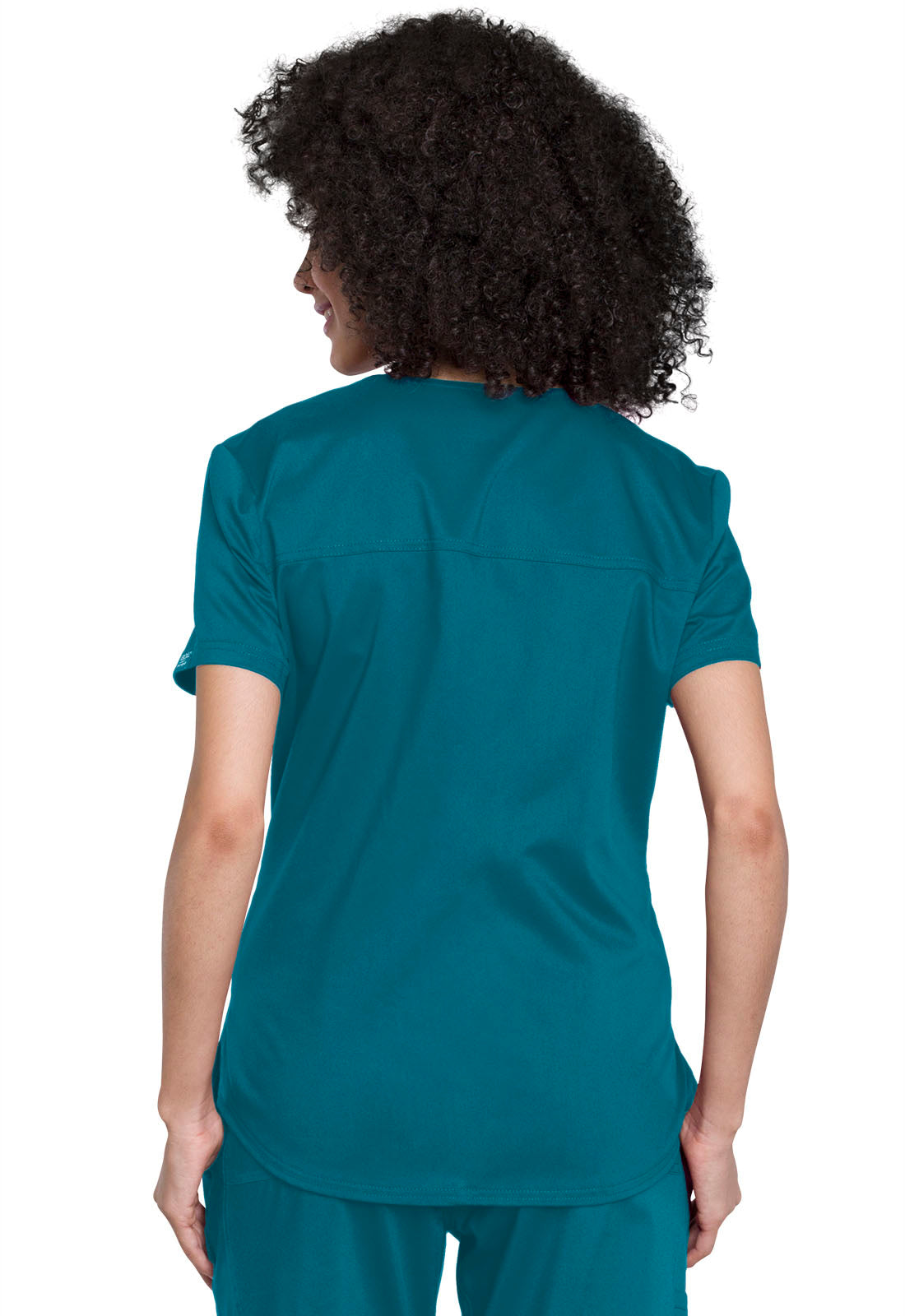 Revolution WW657 Tuckable V-Neck O.R. Top Caribbean Blue Model Image Back | Cherokee Workwear