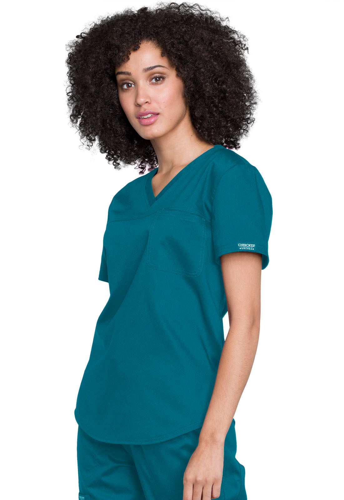 Revolution WW657 Tuckable V-Neck O.R. Top Caribbean Blue Model Image Right Side | Cherokee Workwear