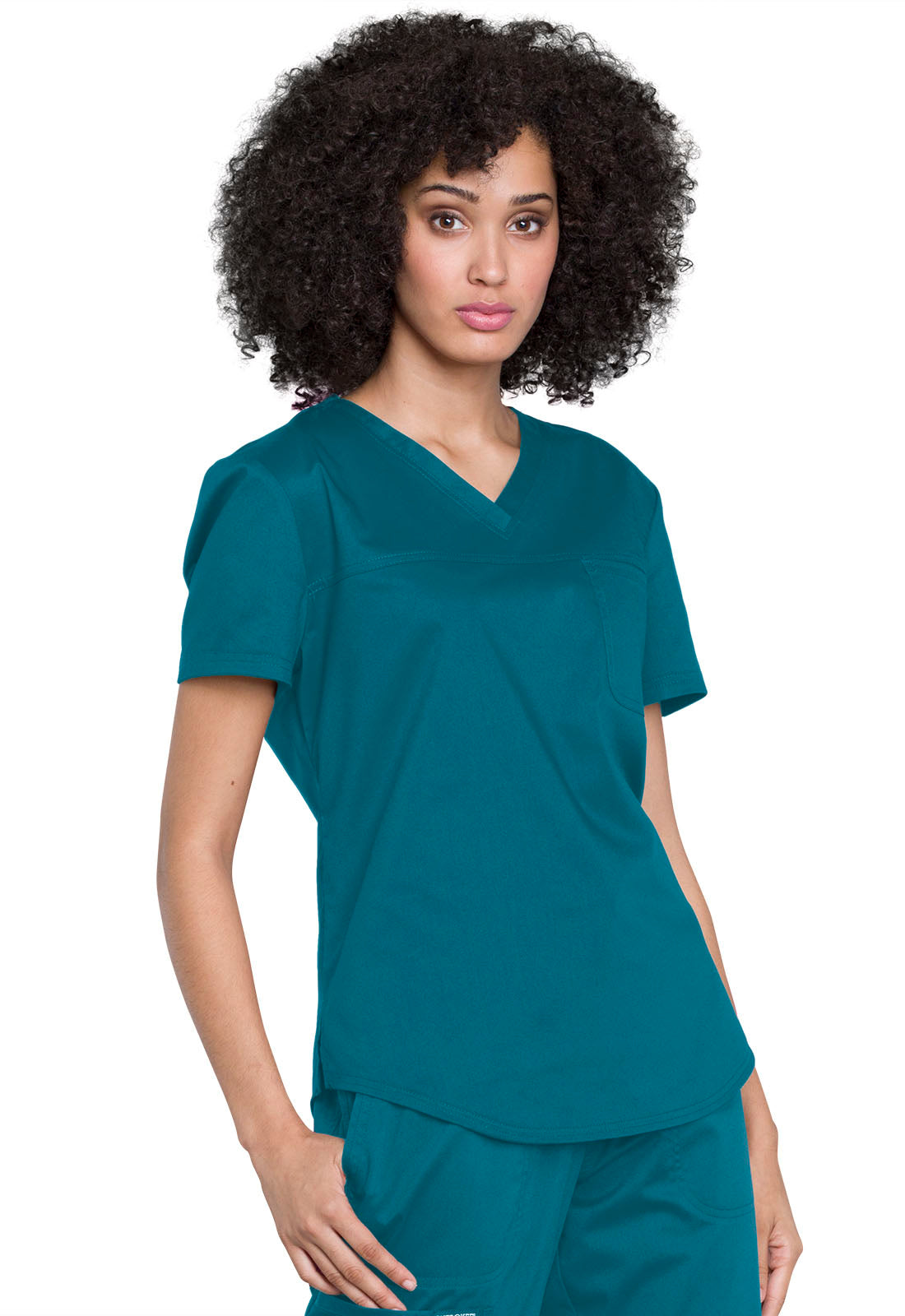 Revolution WW657 Tuckable V-Neck O.R. Top Caribbean Blue Model Image Left Side | Cherokee Workwear