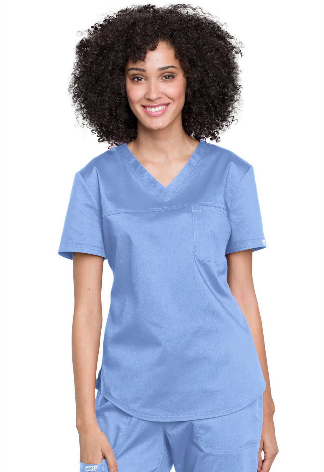 Revolution WW657 Tuckable V-Neck O.R. Top Ciel Model Image Front | Cherokee Workwear