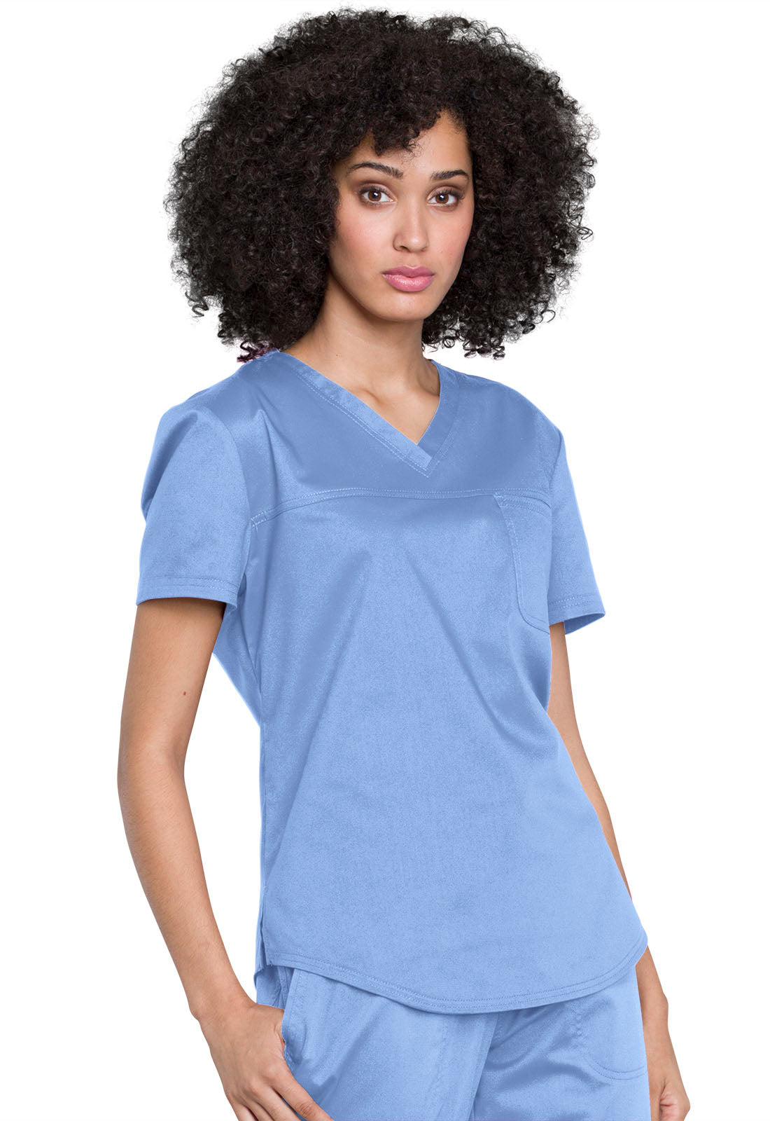 Revolution WW657 Tuckable V-Neck O.R. Top Ciel Model Image Left Side | Cherokee Workwear