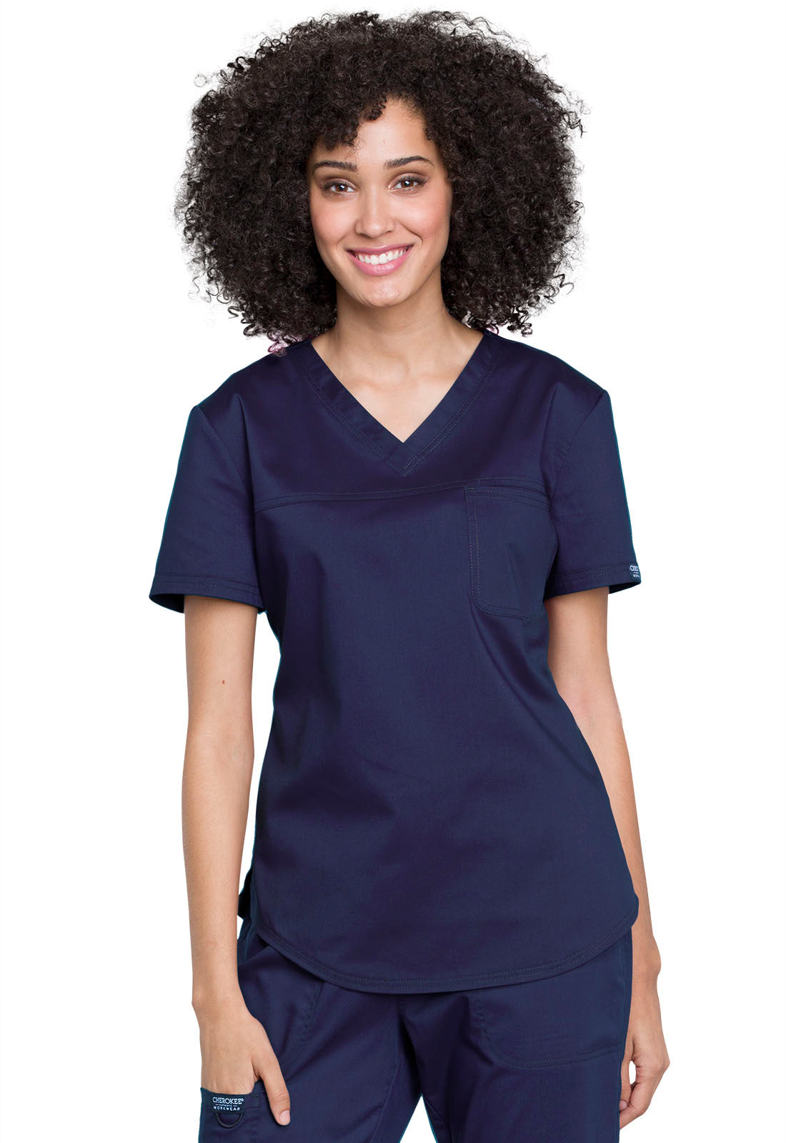 Revolution WW657 Tuckable V-Neck O.R. Top Navy Model Image Front | Cherokee Workwear