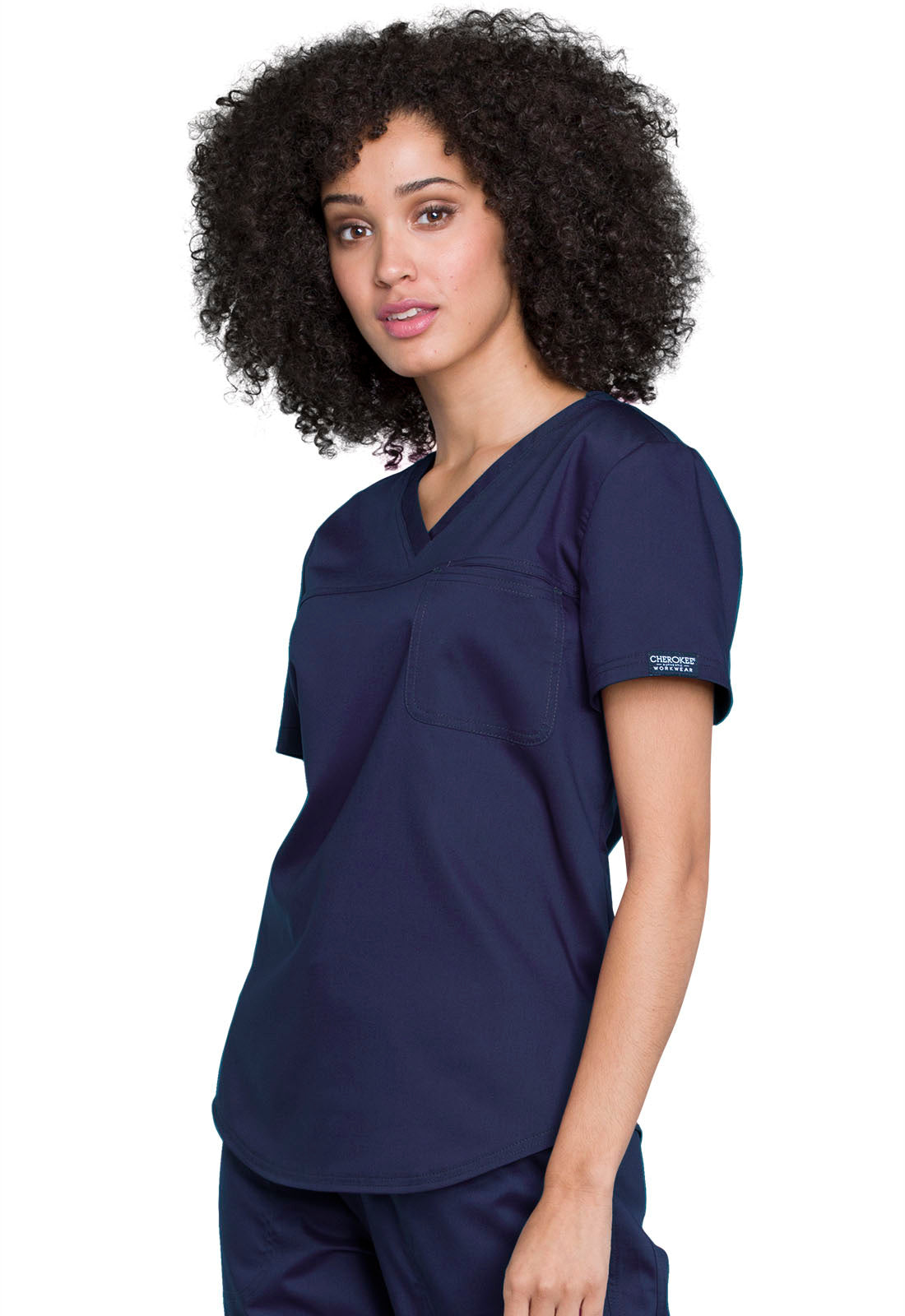 Revolution WW657 Tuckable V-Neck O.R. Top Navy Model Image Right Side | Cherokee Workwear