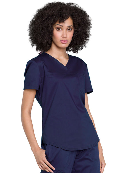 Revolution WW657 Tuckable V-Neck O.R. Top Navy Model Image Left Side | Cherokee Workwear