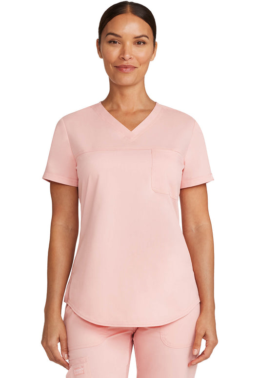 Revolution WW657 Tuckable V-Neck O.R. Top Pink Essence Model Image Front | Cherokee Workwear