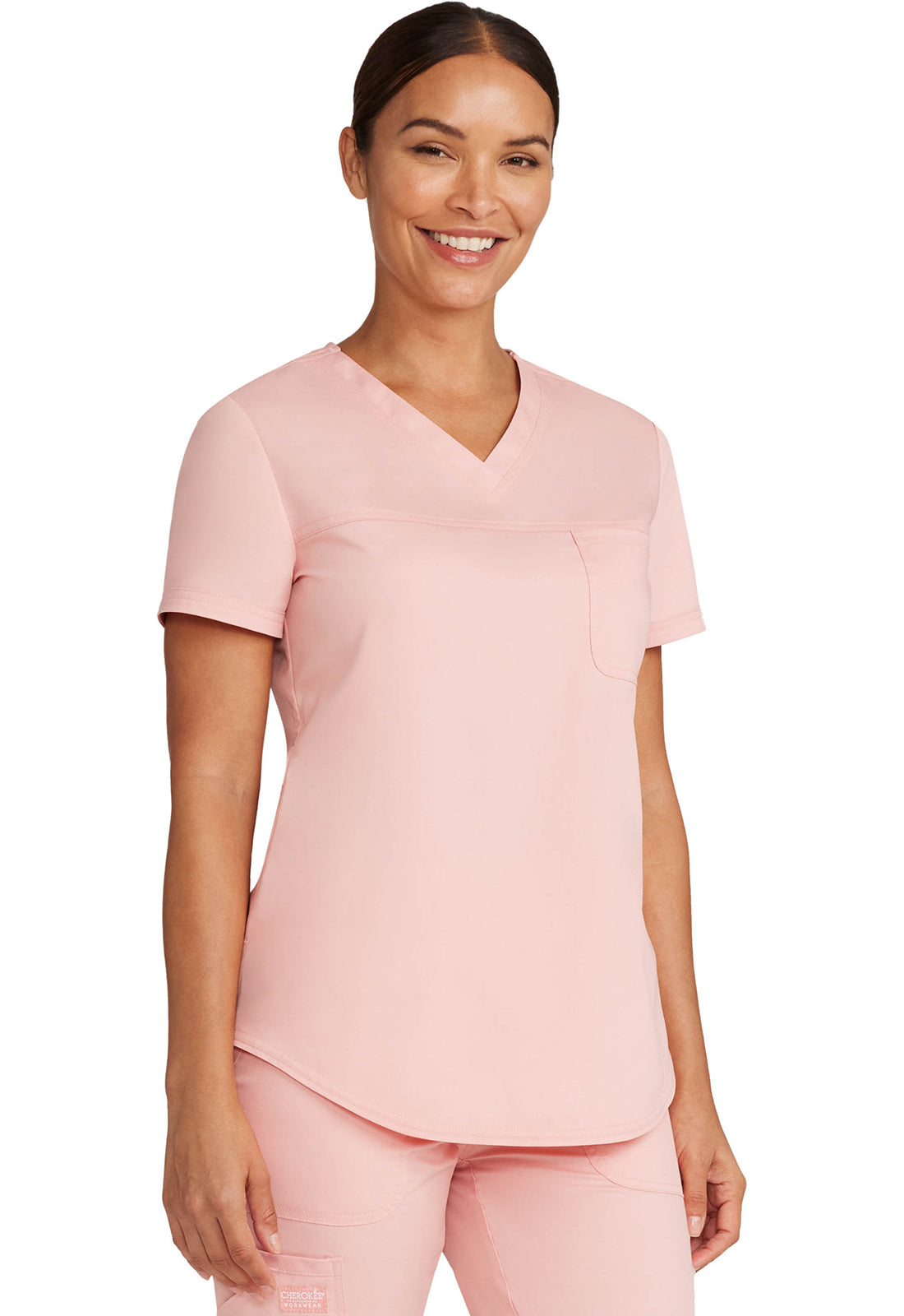 Revolution WW657 Tuckable V-Neck O.R. Top Pink Essence Model Image Left Side | Cherokee Workwear