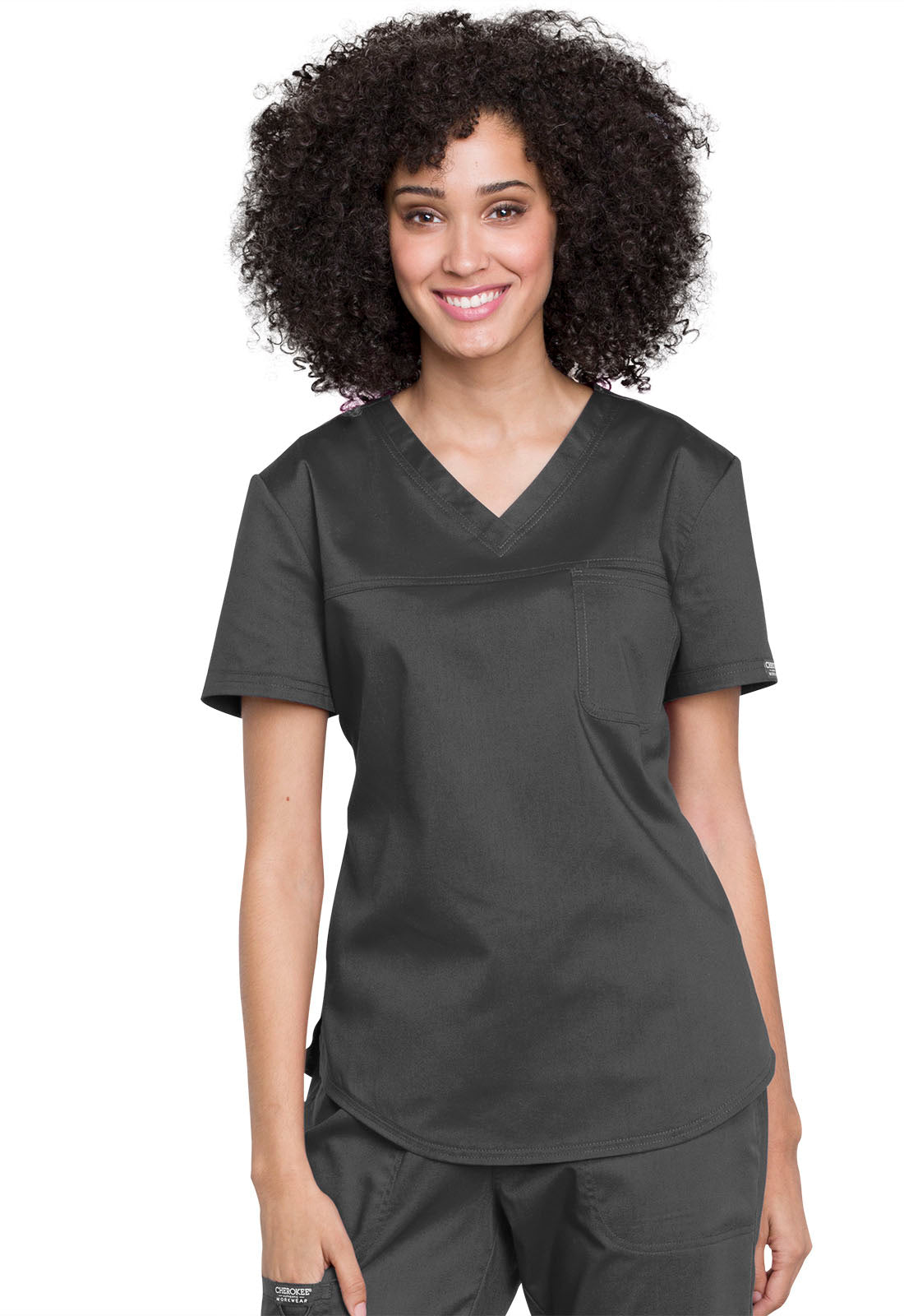 Revolution WW657 Tuckable V-Neck O.R. Top Pewter Model Image Front | Cherokee Workwear