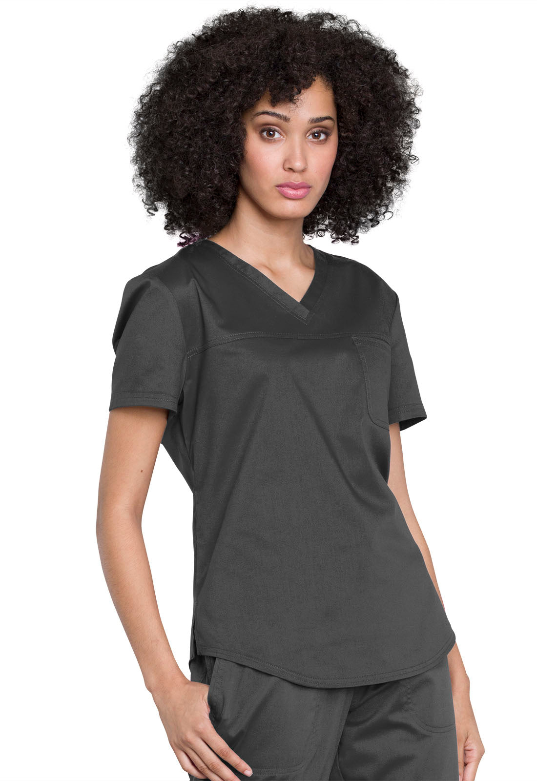 Revolution WW657 Tuckable V-Neck O.R. Top Pewter Model Image Left Side | Cherokee Workwear