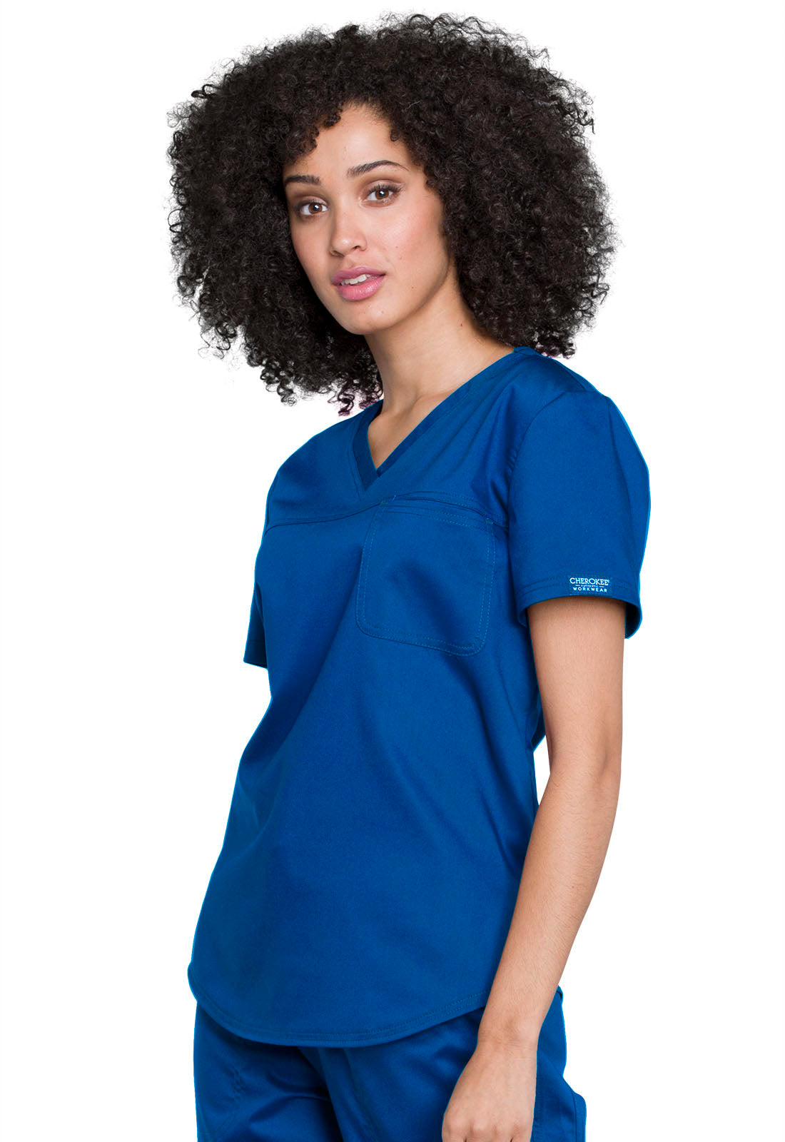 Revolution WW657 Tuckable V-Neck O.R. Top Royal Model Image Right Side | Cherokee Workwear