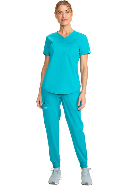 Revolution WW657 Tuckable V-Neck O.R. Top Teal Blue Model Image Front | Cherokee Workwear