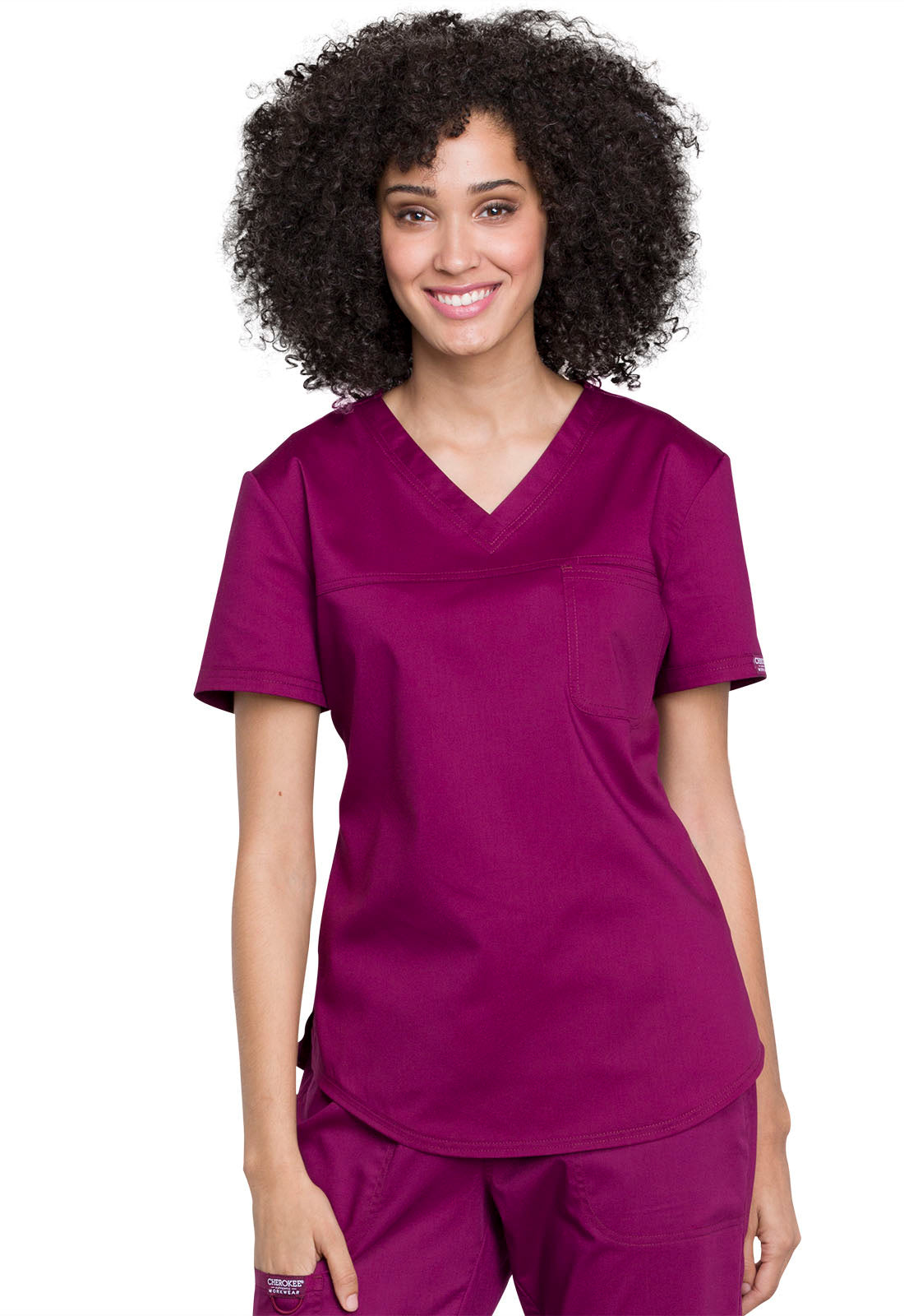 Revolution WW657 Tuckable V-Neck O.R. Top Wine Model Image Front | Cherokee Workwear