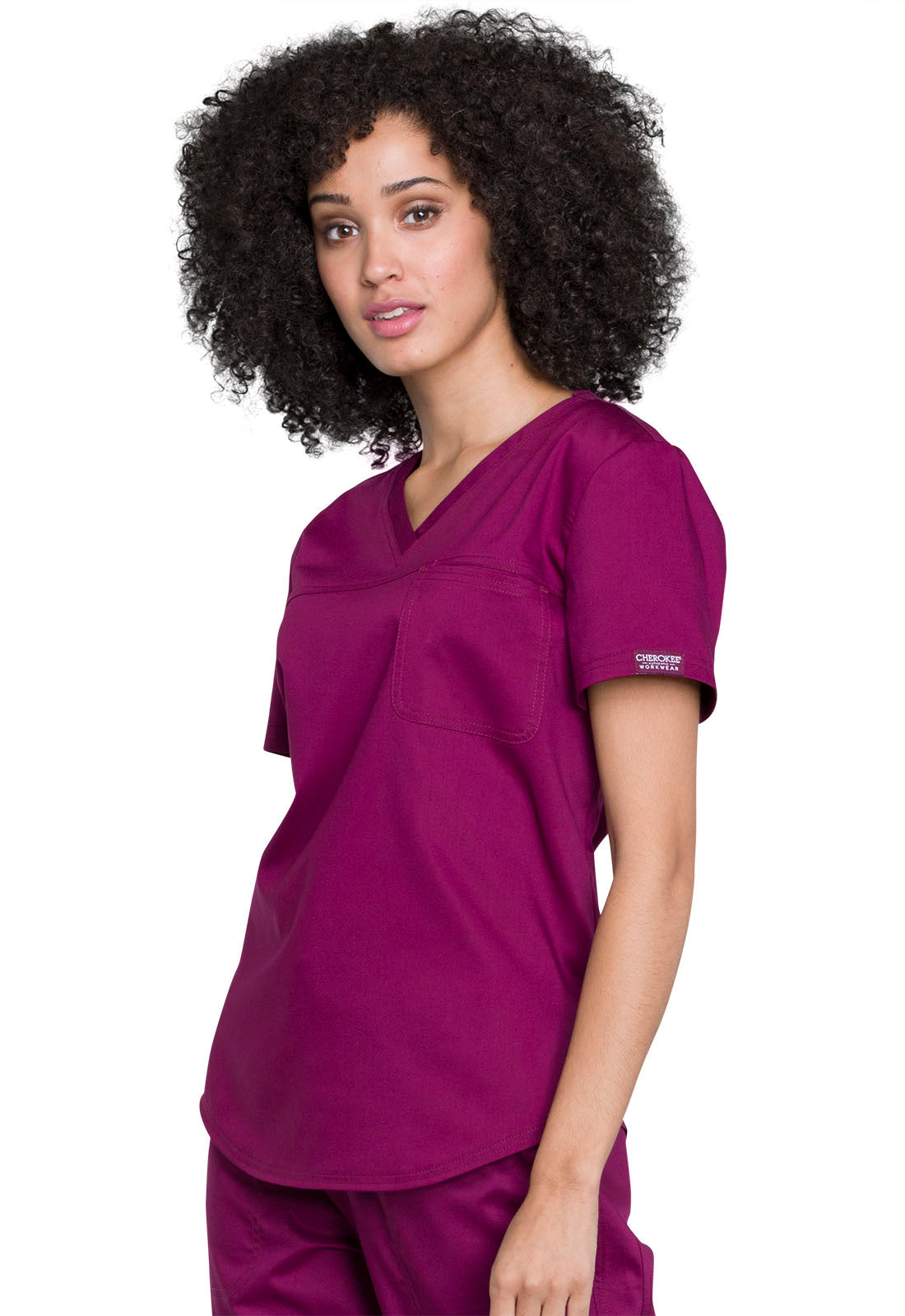 Revolution WW657 Tuckable V-Neck O.R. Top Wine Model Image Right Side | Cherokee Workwear