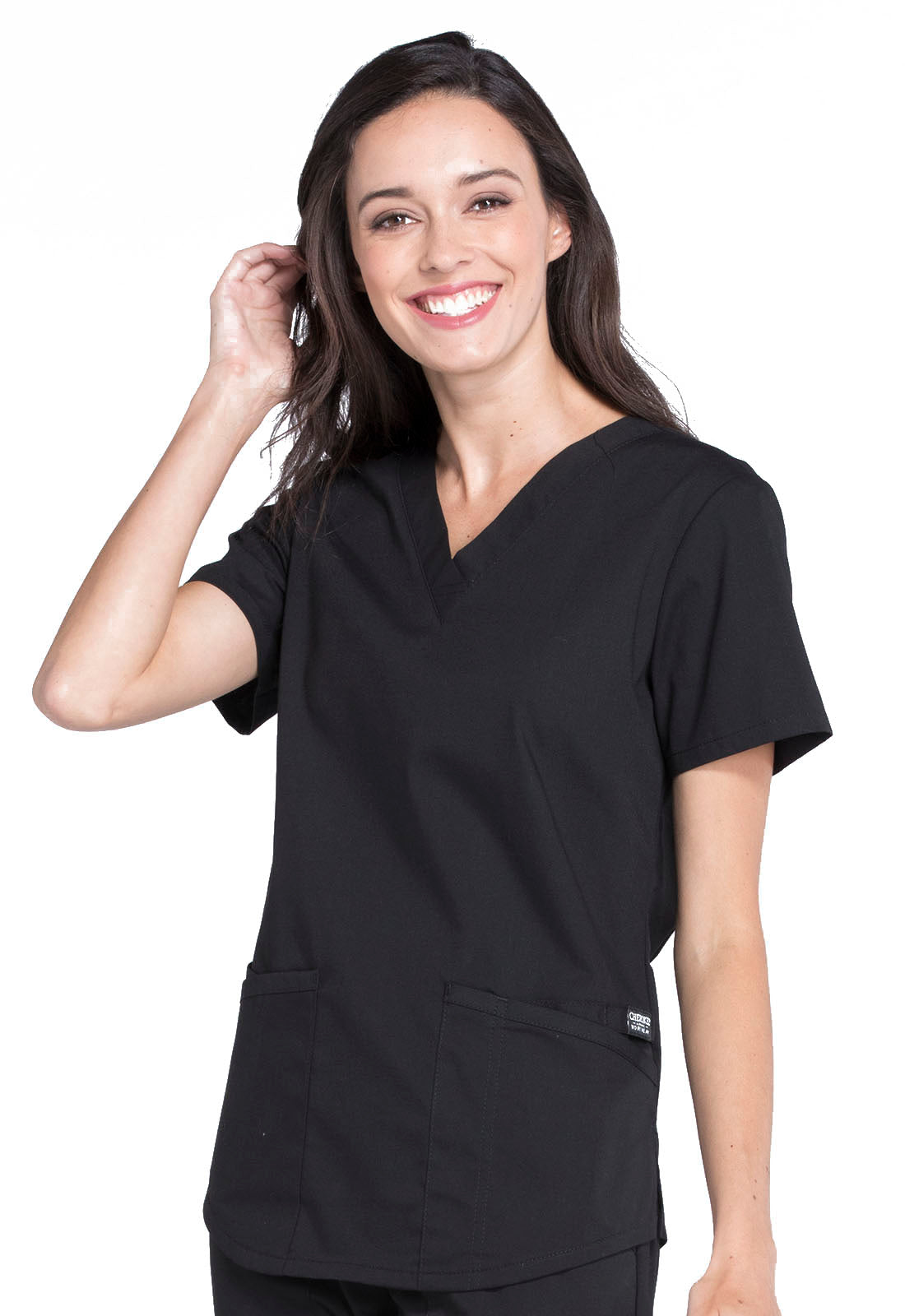 Professionals WW665 V-Neck Top Black Model Image Right Side | Cherokee Workwear