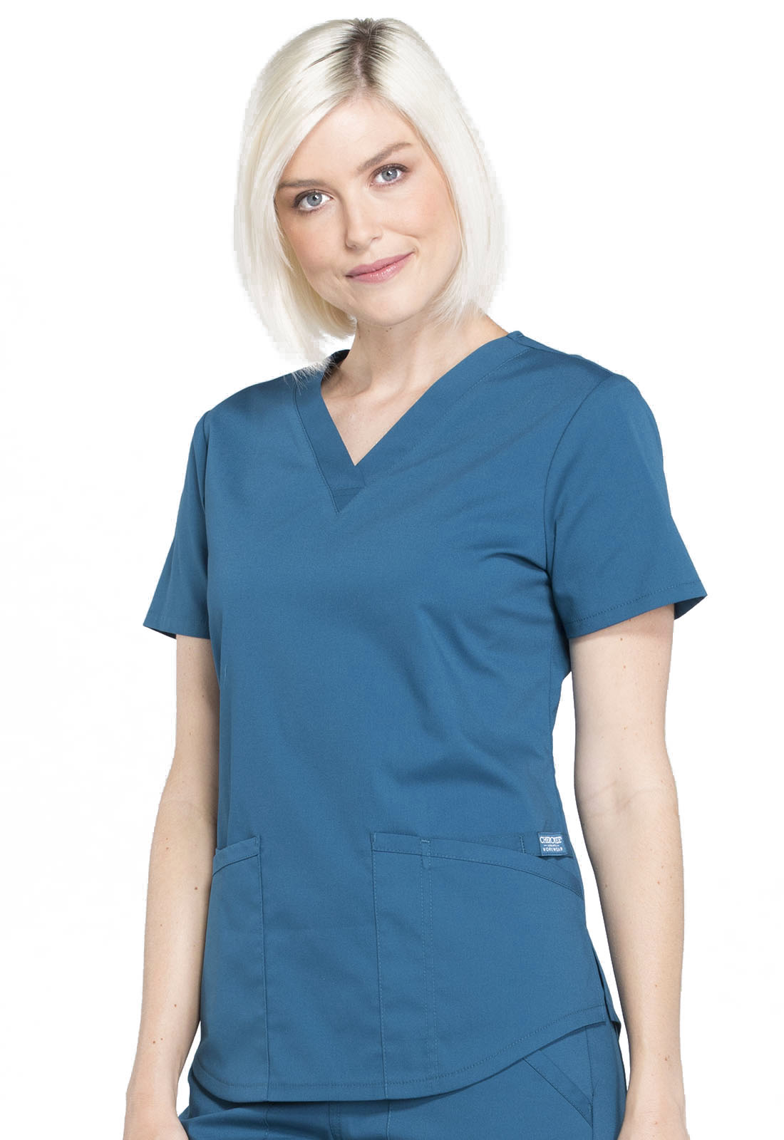 Professionals WW665 V-Neck Top Caribbean Blue Model Image Right Side | Cherokee Workwear