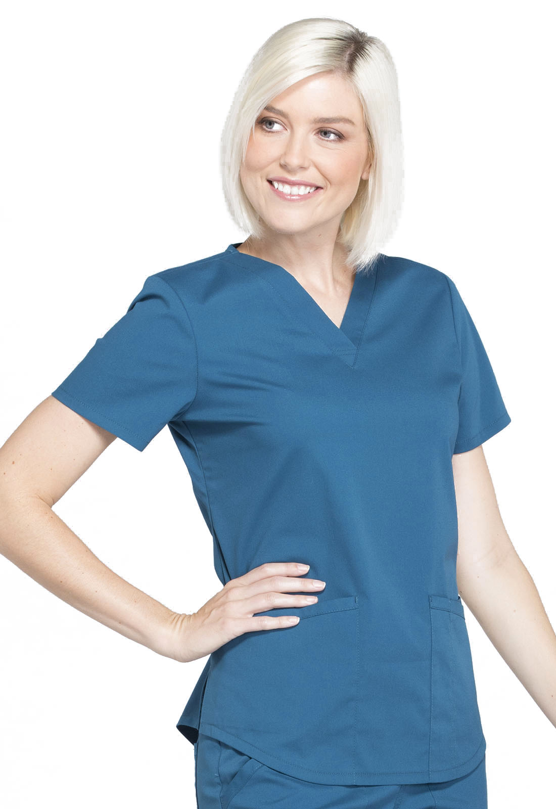 Professionals WW665 V-Neck Top Caribbean Blue Model Image Left Side | Cherokee Workwear