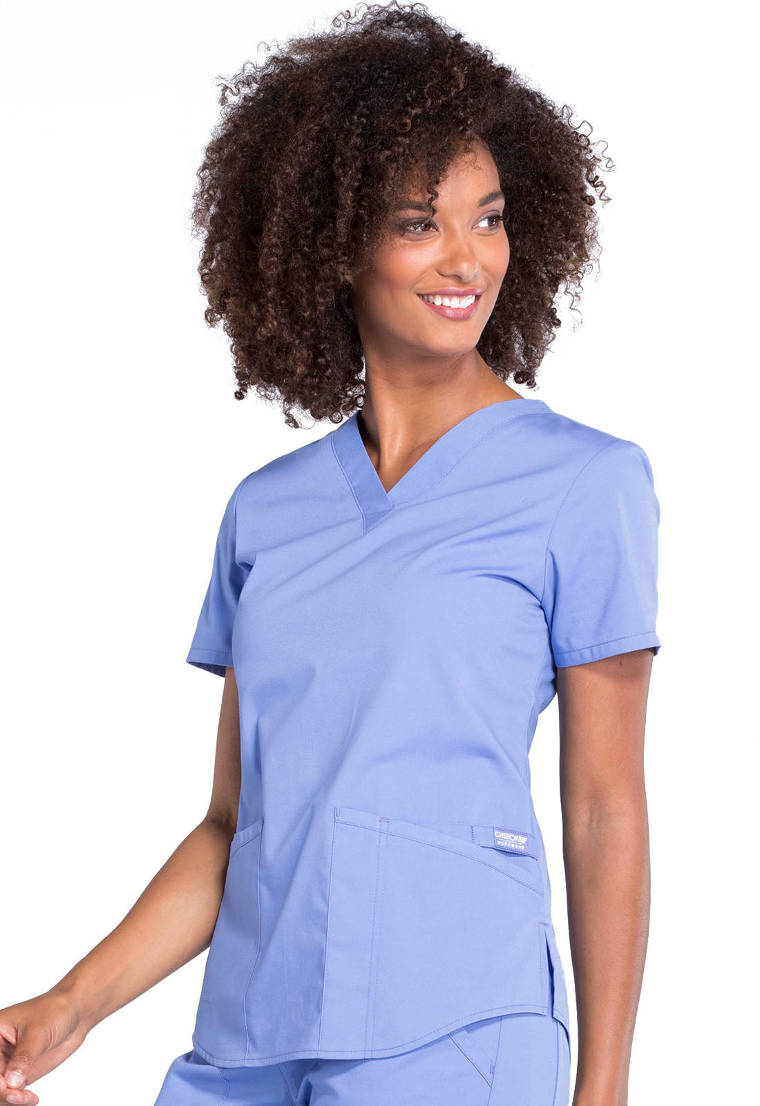 Professionals WW665 V-Neck Top Ciel Model Image Right Side | Cherokee Workwear