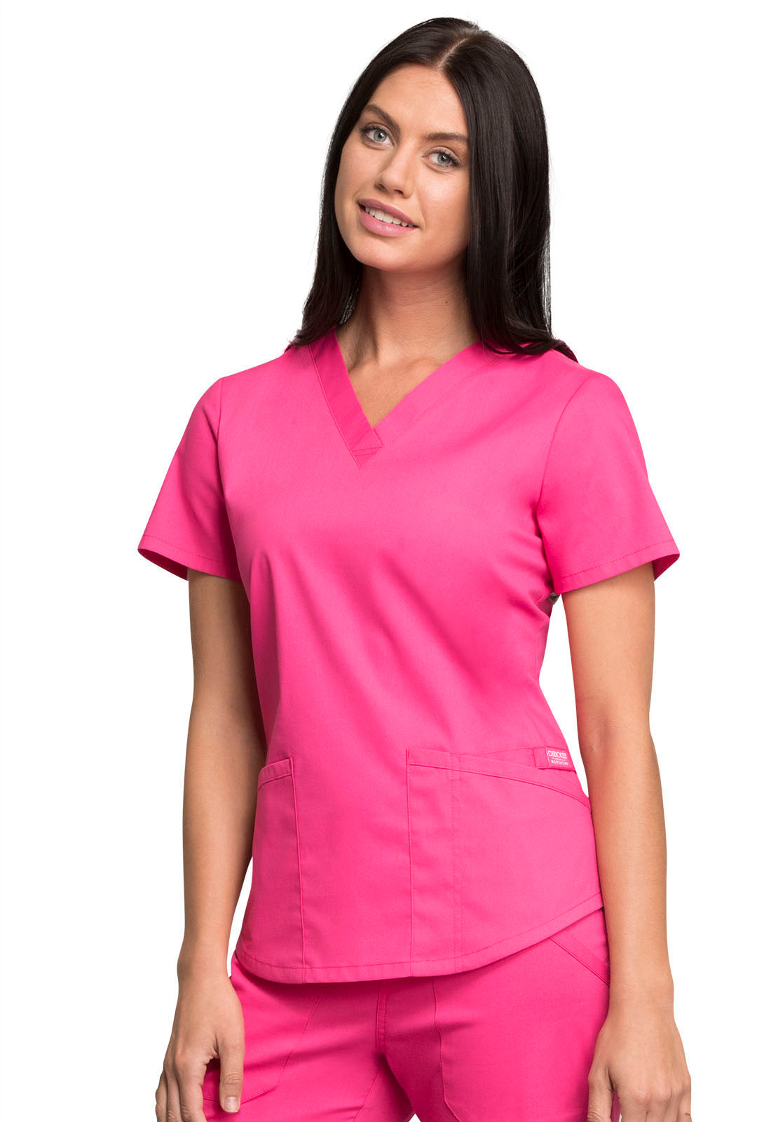 Professionals WW665 V-Neck Top Electric Pink Model Image Right Side | Cherokee Workwear