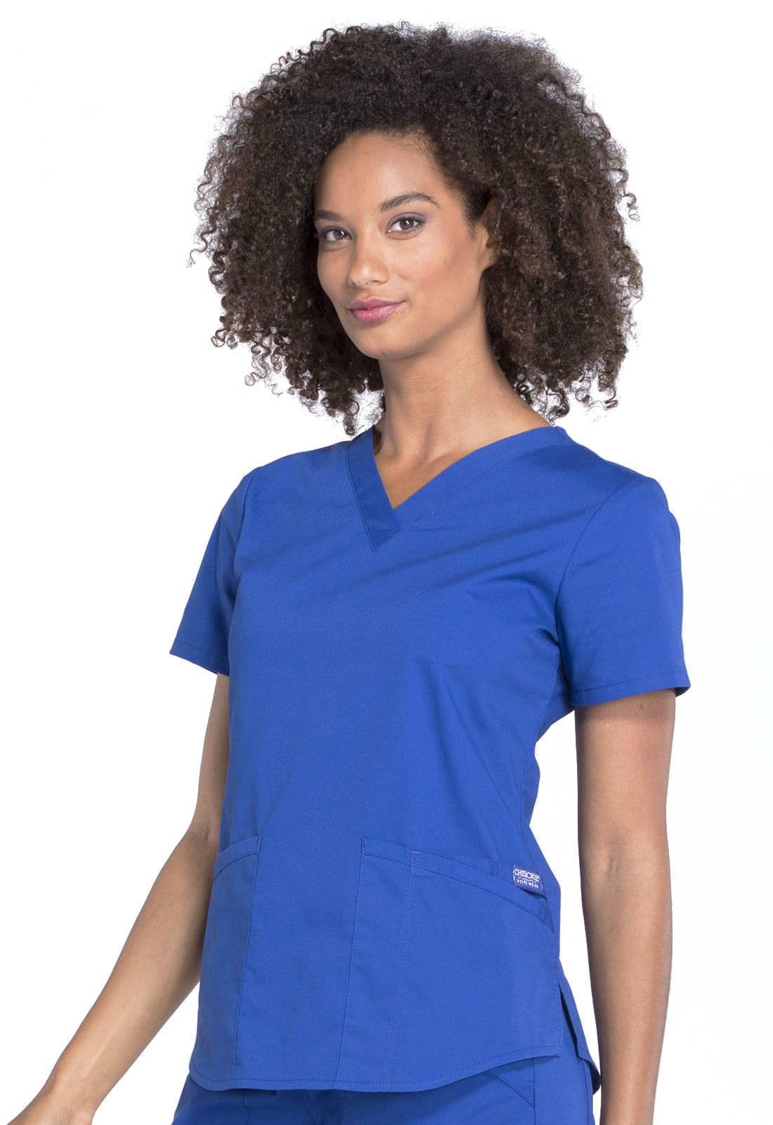 Professionals WW665 V-Neck Top Galaxy Blue Model Image Right Side | Cherokee Workwear