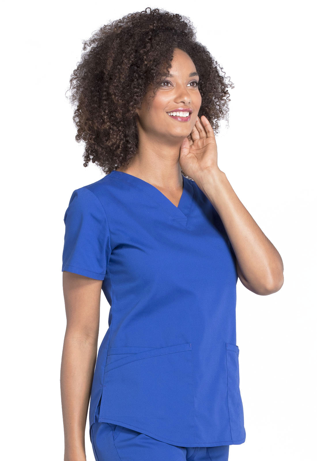 Professionals WW665 V-Neck Top Galaxy Blue Model Image Left Side | Cherokee Workwear