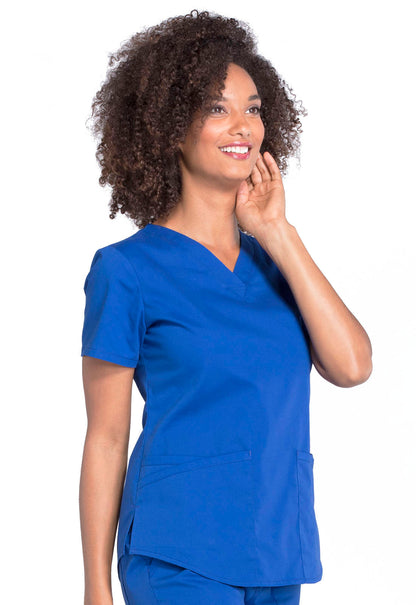 Professionals WW665 V-Neck Top Galaxy Blue Model Image Left Side | Cherokee Workwear