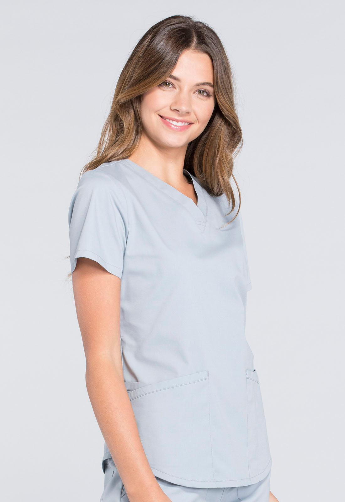 Professionals WW665 V-Neck Top Grey Model Image Left Side | Cherokee Workwear