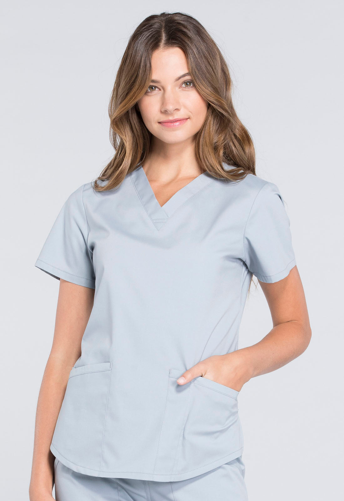 Professionals WW665 V-Neck Top Grey Model Image Front | Cherokee Workwear