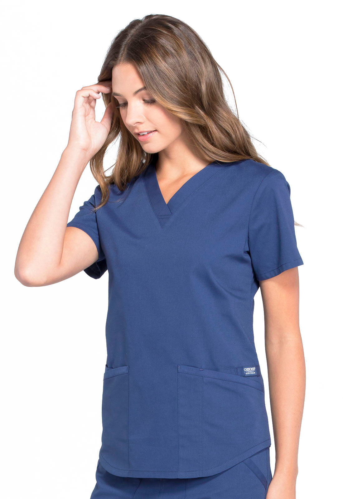 Professionals WW665 V-Neck Top Navy Model Image Right Side | Cherokee Workwear